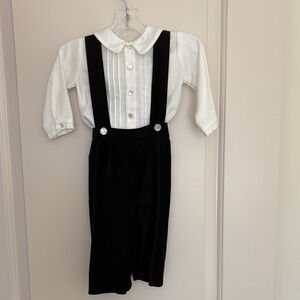 Infant dress-up black velvet snap bottom romper with shirt and shell buttons